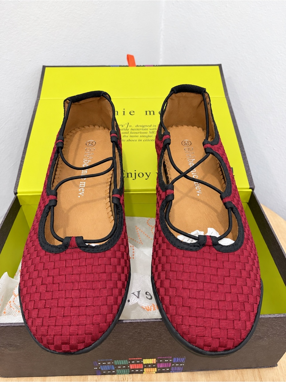 bernie mev. Red Woven Ballet Flats with Black Trim